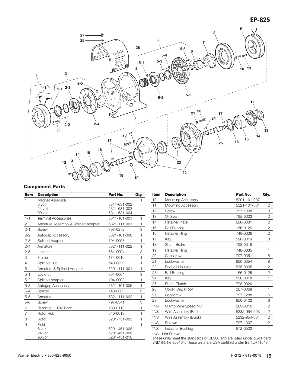 Ep-825 exploded, Ep-825 | Warner Electric Electro-Packs EP-170, 250, 400, 500, 825, 1000, 1525 User Manual | Page 15 / 20