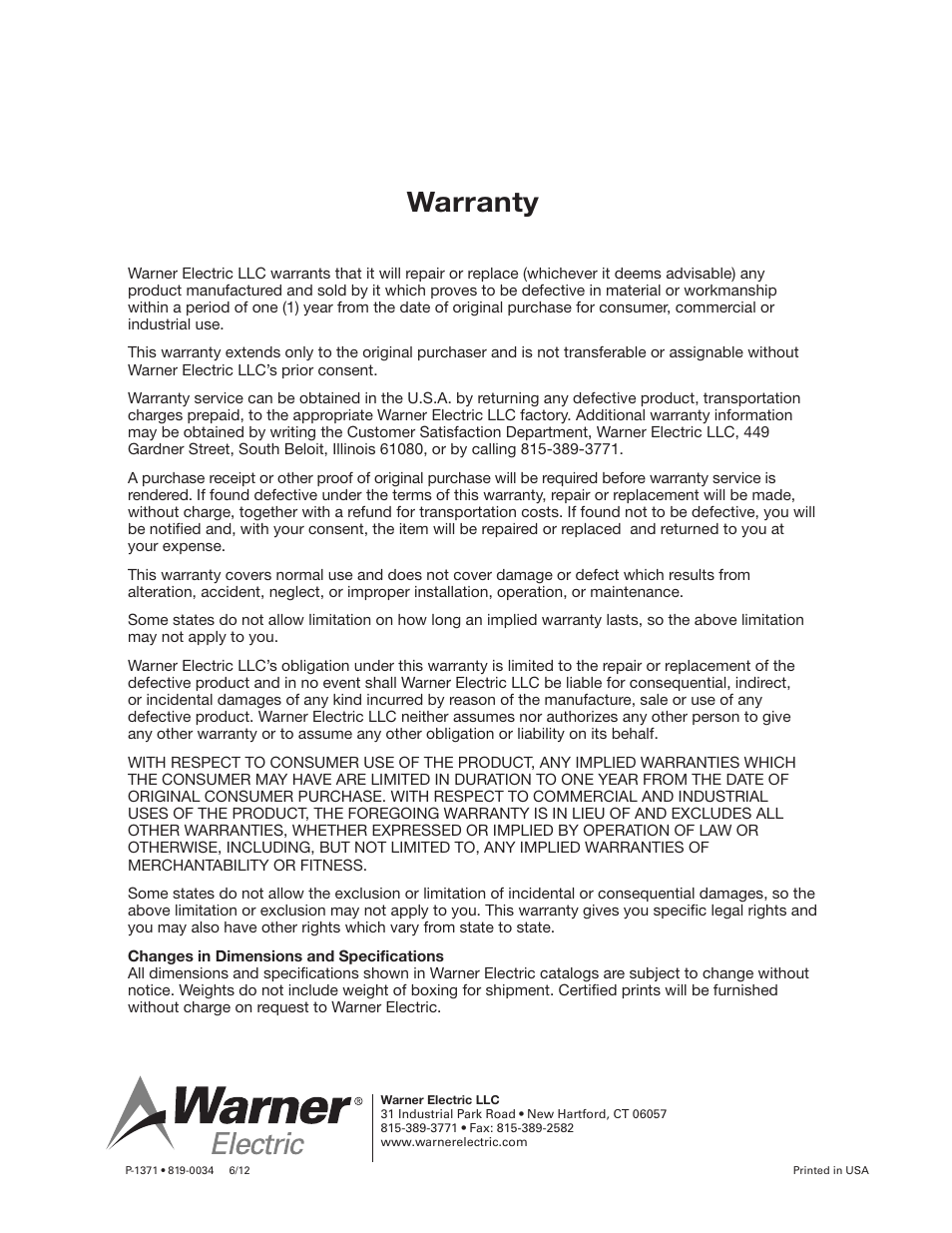 Warranty | Warner Electric 5300-101-001 Collector Ring User Manual | Page 2 / 2