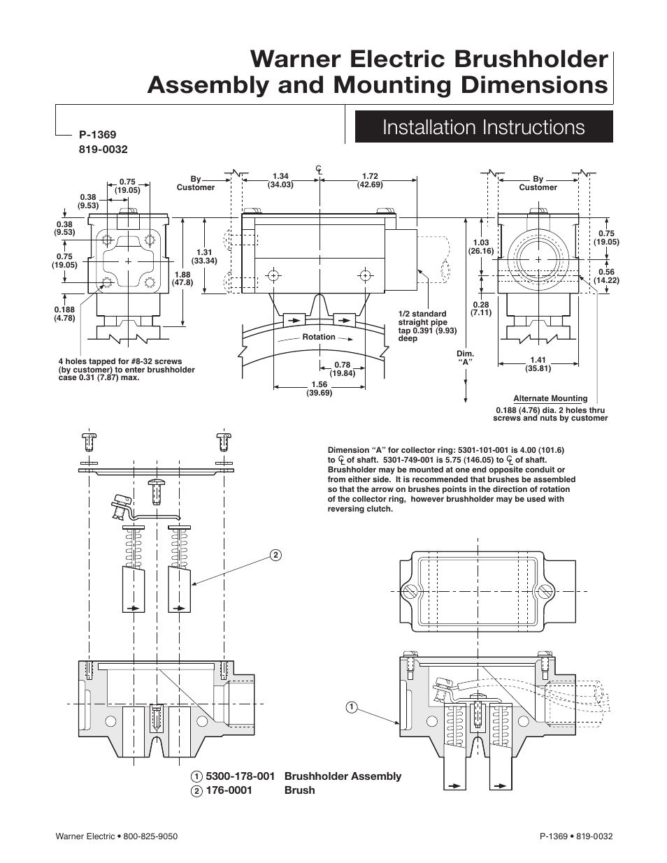 Warner Electric Brushholder Assembly and Mounting Dimensions User Manual | 2 pages