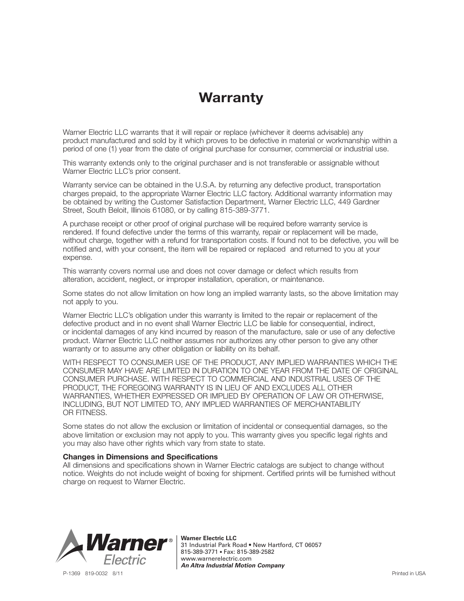 Warranty | Warner Electric Brushholder Assembly and Mounting Dimensions User Manual | Page 2 / 2