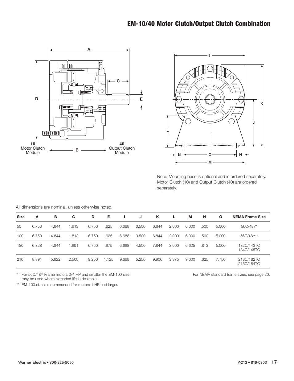 Em-10/40 motor clutch/output clutch combination | Warner Electric Electro-Module EM-50, EM-100, EM-180, EM-210, EM-215 User Manual | Page 17 / 22