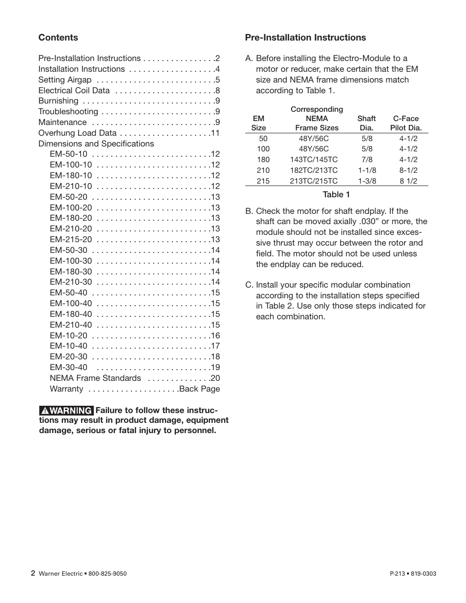 Warner Electric Electro-Module EM-50, EM-100, EM-180, EM-210, EM-215 User Manual | Page 2 / 22