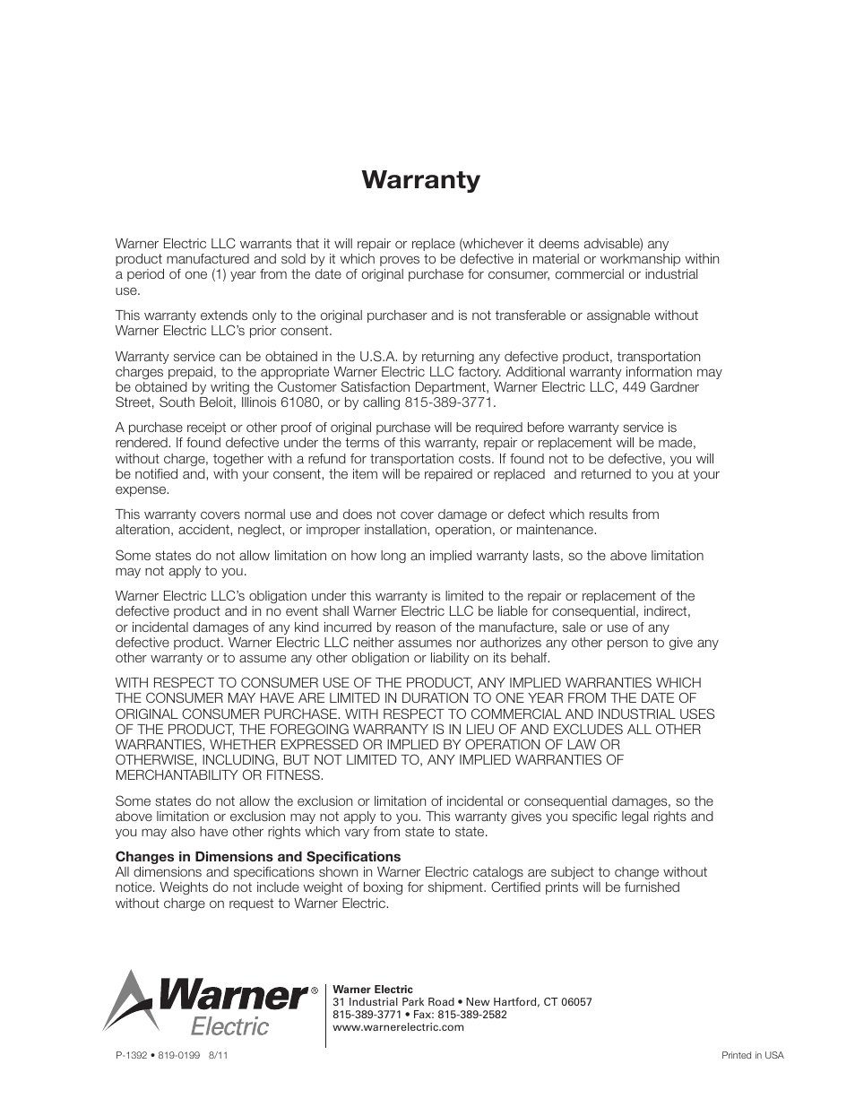 Warranty | Warner Electric 5200-101-011 Conduit Box Kit User Manual | Page 4 / 4
