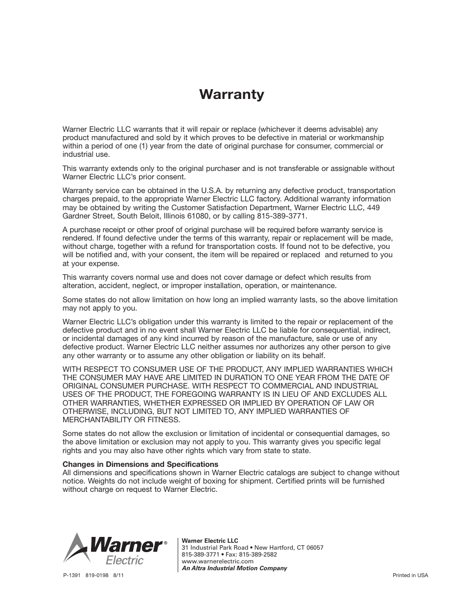 Warranty | Warner Electric 5200-101-010 Conduit Box Kit User Manual | Page 4 / 4
