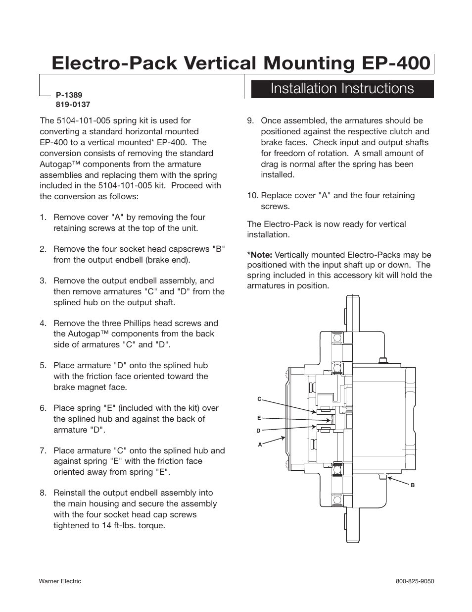 Warner Electric EP-400 Vertical Mounting User Manual | 2 pages