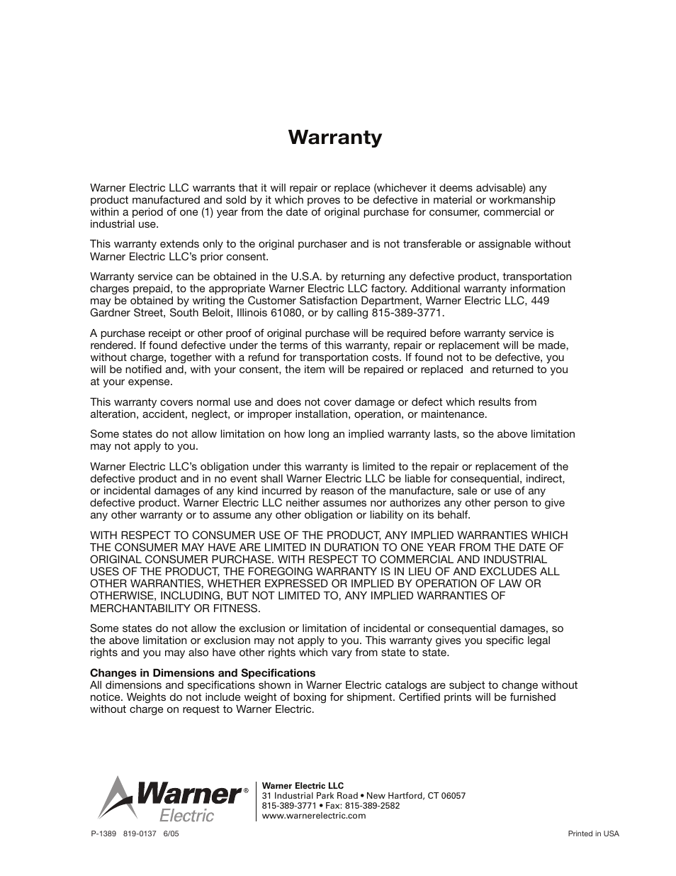 Warranty | Warner Electric EP-400 Vertical Mounting User Manual | Page 2 / 2