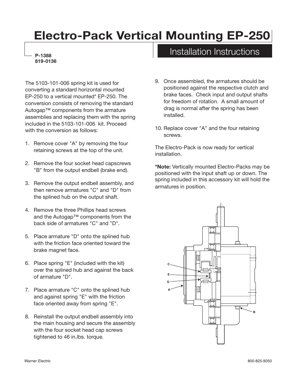 Warner Electric EP-250 Vertical Mounting User Manual | 2 pages