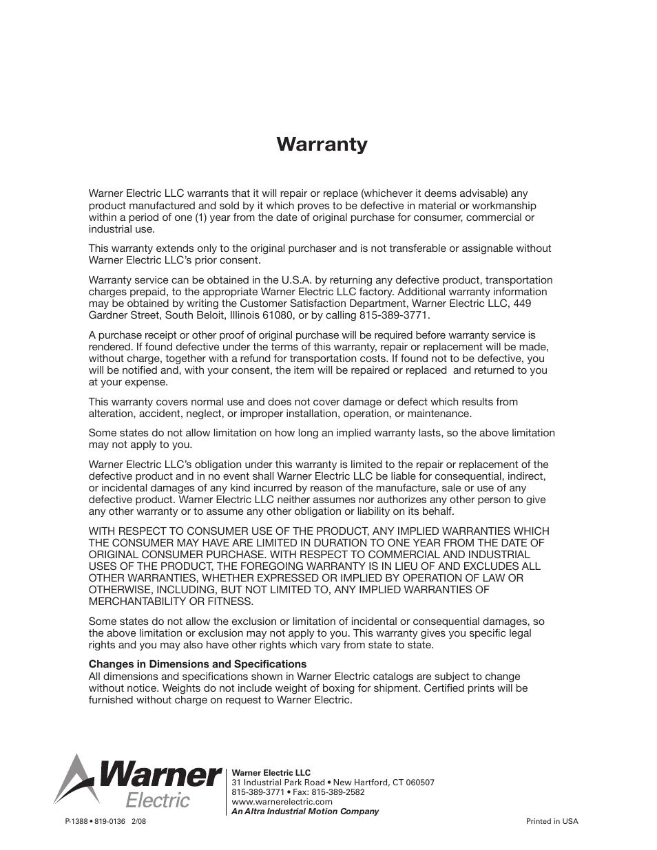 Warranty | Warner Electric EP-250 Vertical Mounting User Manual | Page 2 / 2