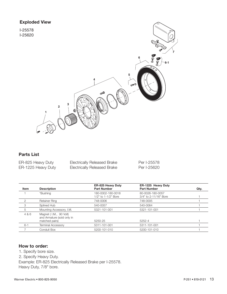 Exploded view, How to order, Parts list | Warner Electric ER 825 and 1225 Heavy Duty User Manual | Page 13 / 14