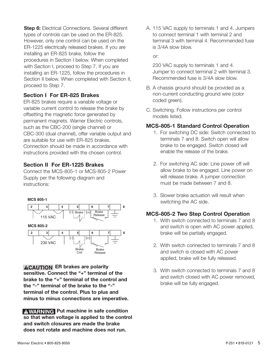 Mcs-805-1 standard control operation, Mcs-805-2 two step control operation | Warner Electric ER 825 and 1225 Heavy Duty User Manual | Page 5 / 14