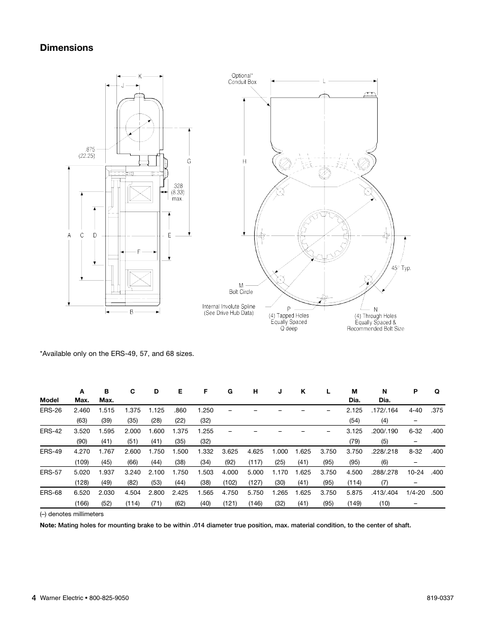 Dimensions | Warner Electric ERS Electrically Released Brakes User Manual | Page 4 / 6