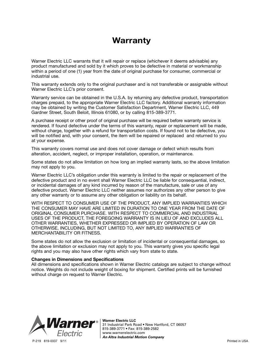 Warranty | Warner Electric ERS Electrically Released Brakes User Manual | Page 6 / 6