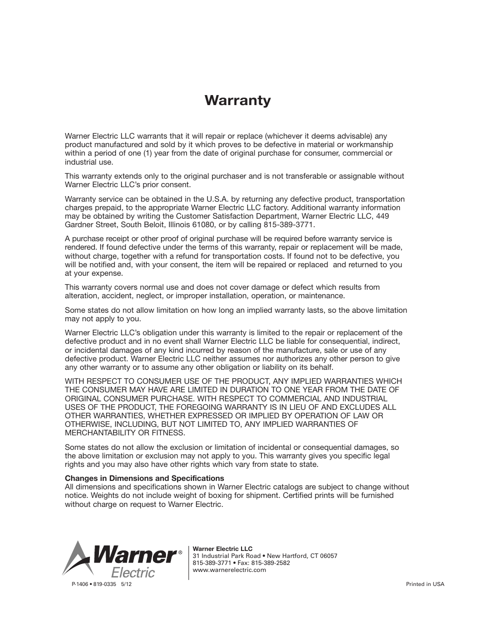 Warranty | Warner Electric AT Brakes & Clutches Complete Brake Repair – On the Shaft, Sizes 25, 55, 115 User Manual | Page 4 / 4