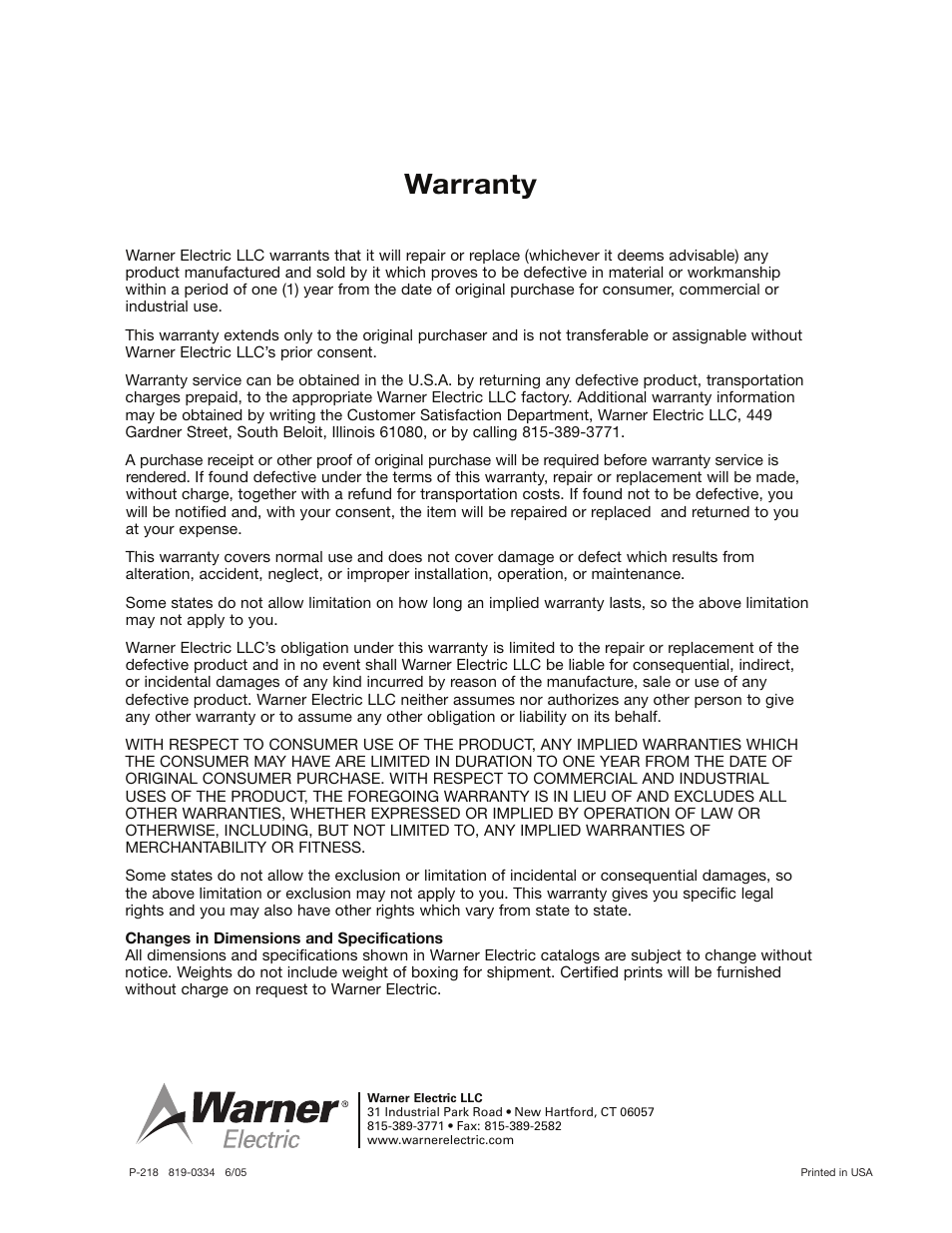 Warranty | Warner Electric AT Brakes User Manual | Page 6 / 6