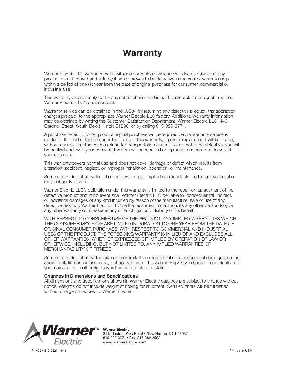 Warranty | Warner Electric 5162-101-002 Conduit Box Kit User Manual | Page 6 / 6