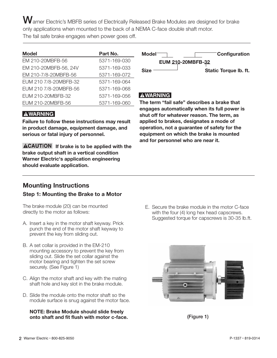 Mounting instructions | Warner Electric Electrically Released Motor Brake Module for EM-MBFB and EUM-MBFB User Manual | Page 2 / 6