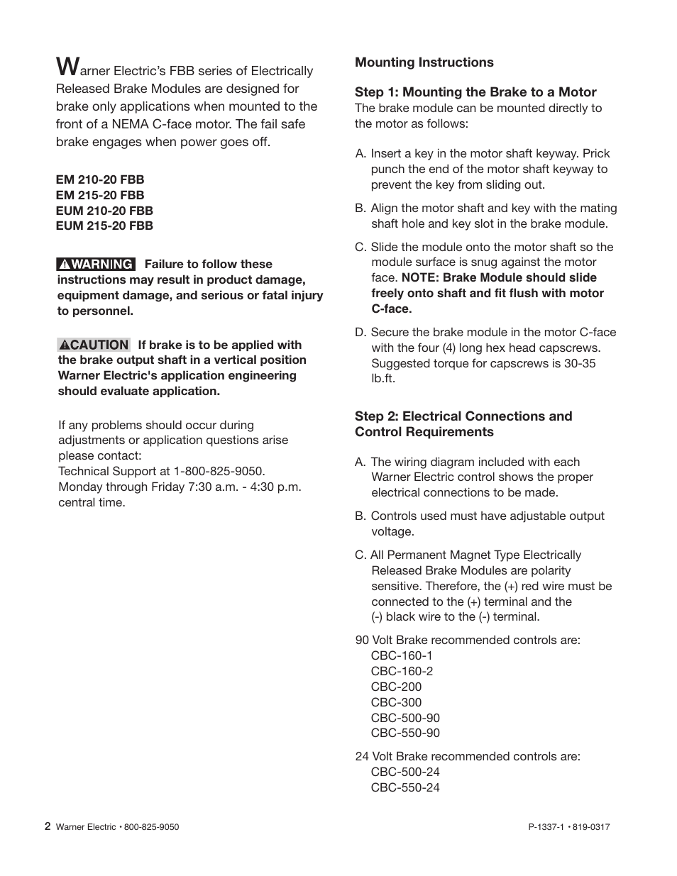 Warner Electric Electrically Released Brake Module For EM-FBB and EUM-FBB User Manual | Page 2 / 4