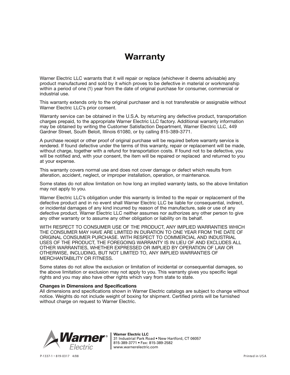 Warranty | Warner Electric Electrically Released Brake Module For EM-FBB and EUM-FBB User Manual | Page 4 / 4