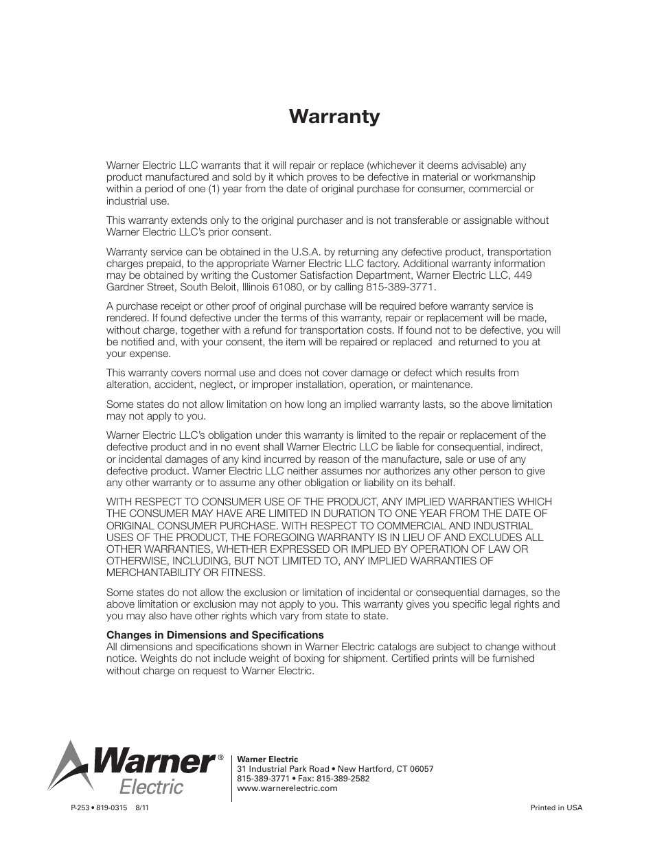 Warranty | Warner Electric Electrically Released Brake ER-375, ER-475, ER-650 User Manual | Page 12 / 12