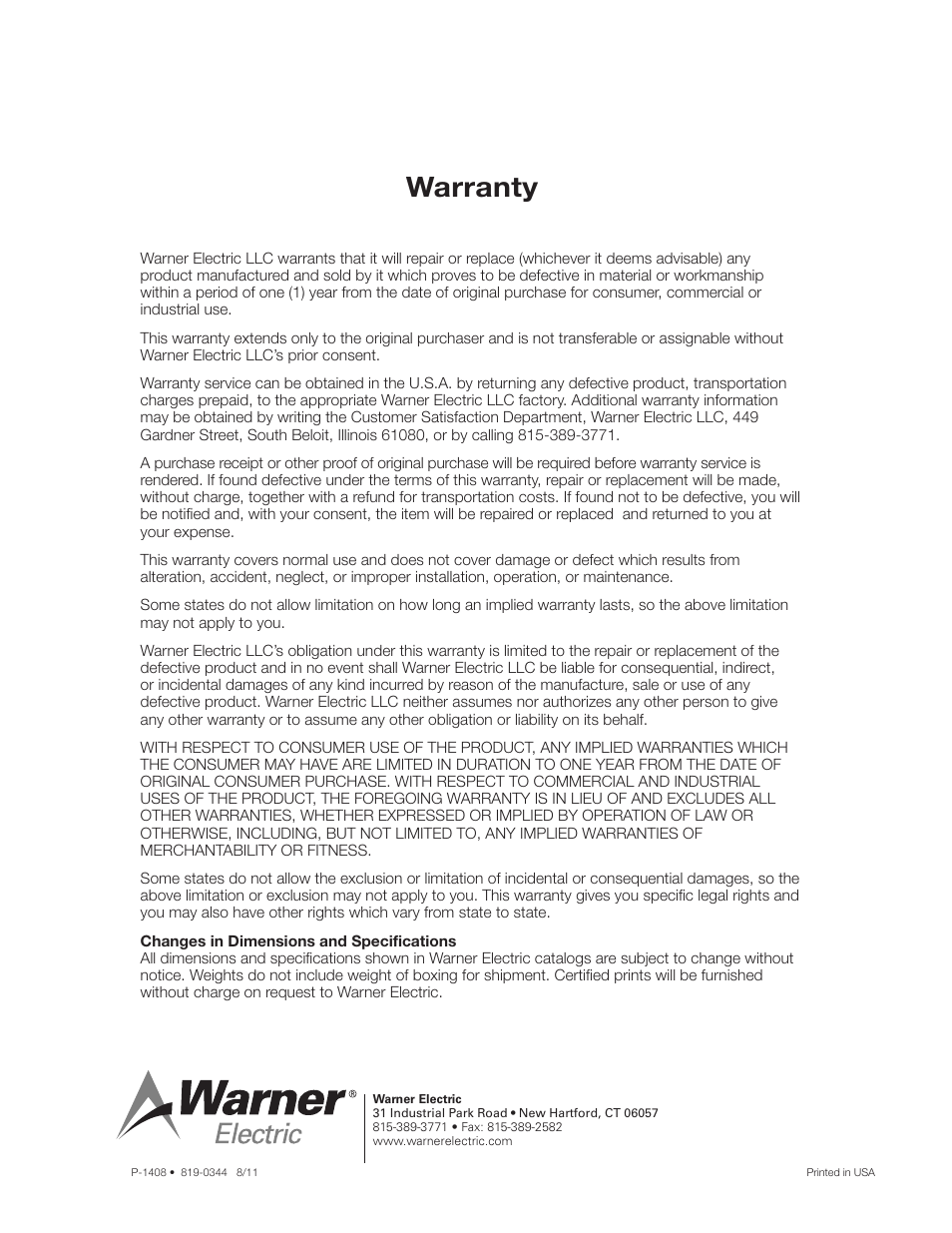 Warranty | Warner Electric 5370-101-042 Conduit Box Kit User Manual | Page 4 / 4
