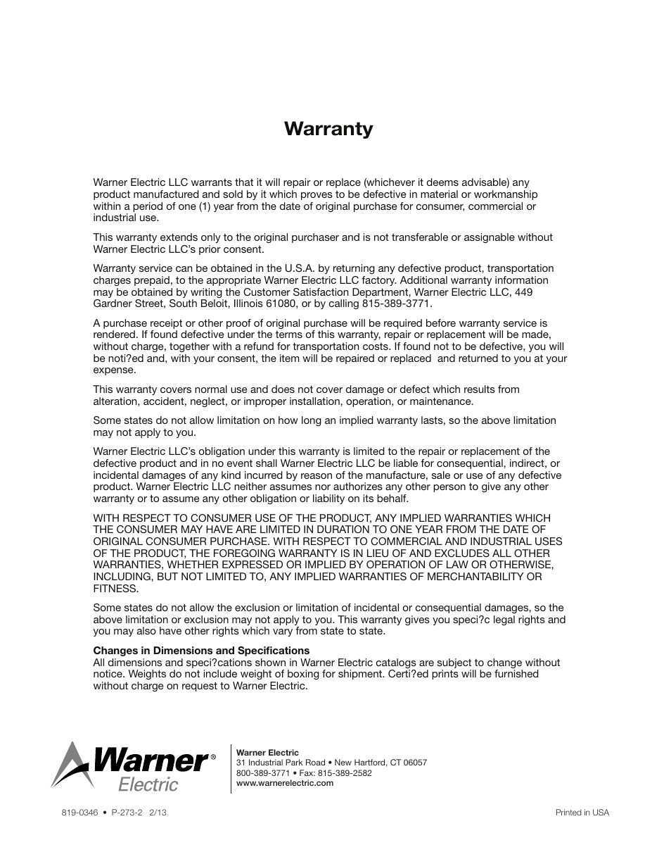 Warranty | Warner Electric Preassembled Clutch_Electrically Released Brake Module User Manual | Page 7 / 7