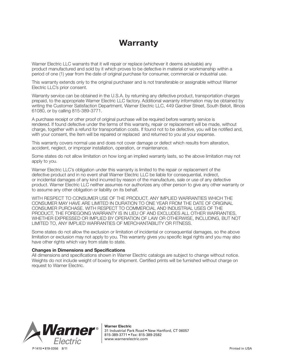 Warranty | Warner Electric 5370-101-045 Conduit Box Kit User Manual | Page 5 / 5
