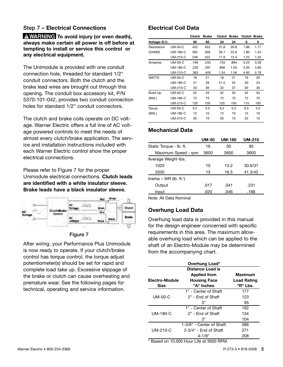 Step 7 – electrical connections, Electrical coil data, Mechanical data | Overhung load data | Warner Electric Performance Plus Preassembled Clutch_Brake Module User Manual | Page 5 / 10