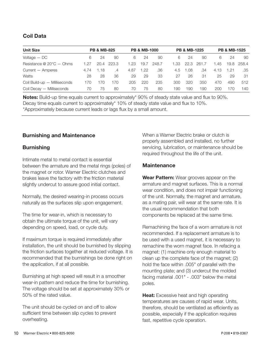 Coil data, Burnishing and maintenance burnishing, Maintenance | Warner Electric Primary Brake Pin Drive Armature PB-825, PB-1000, PB-1225, PB-1525 Motor Brake and Spline Drive MB-825, MB-1000, MB-1225 Pin Drive User Manual | Page 10 / 34