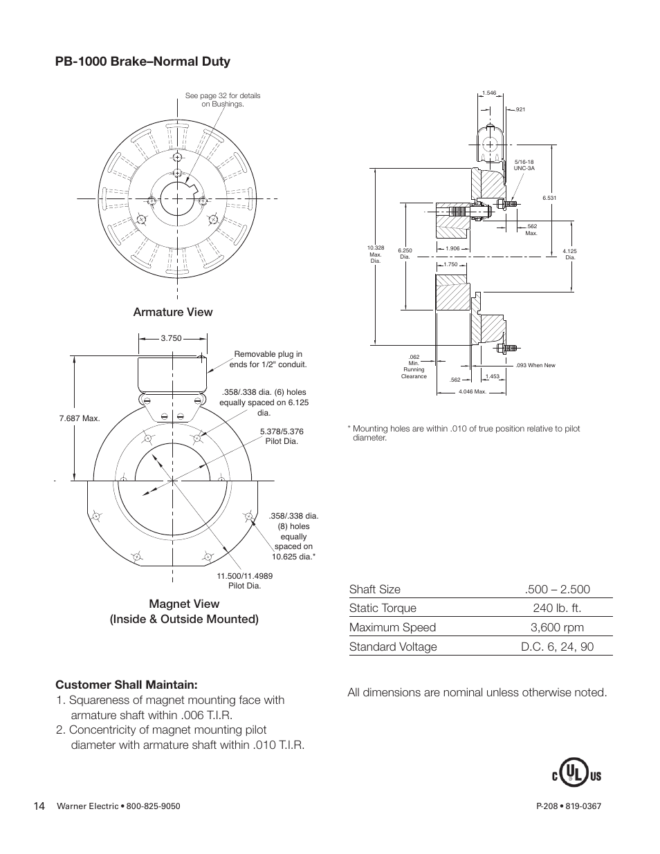 Pb-1000 brake–normal duty | Warner Electric Primary Brake Pin Drive Armature PB-825, PB-1000, PB-1225, PB-1525 Motor Brake and Spline Drive MB-825, MB-1000, MB-1225 Pin Drive User Manual | Page 14 / 34