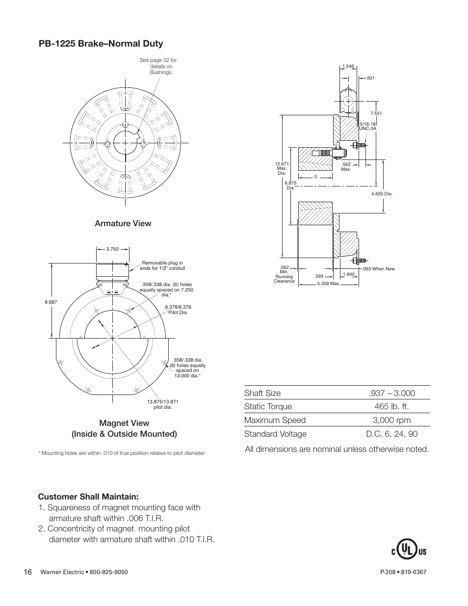 Pb-1225 brake–normal duty | Warner Electric Primary Brake Pin Drive Armature PB-825, PB-1000, PB-1225, PB-1525 Motor Brake and Spline Drive MB-825, MB-1000, MB-1225 Pin Drive User Manual | Page 16 / 34