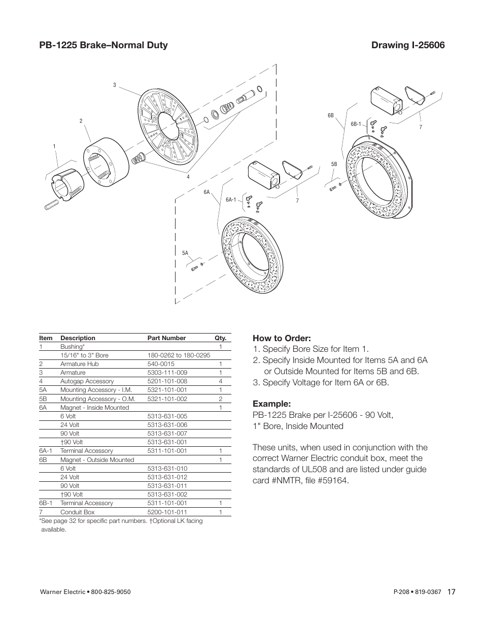 Warner Electric Primary Brake Pin Drive Armature PB-825, PB-1000, PB-1225, PB-1525 Motor Brake and Spline Drive MB-825, MB-1000, MB-1225 Pin Drive User Manual | Page 17 / 34