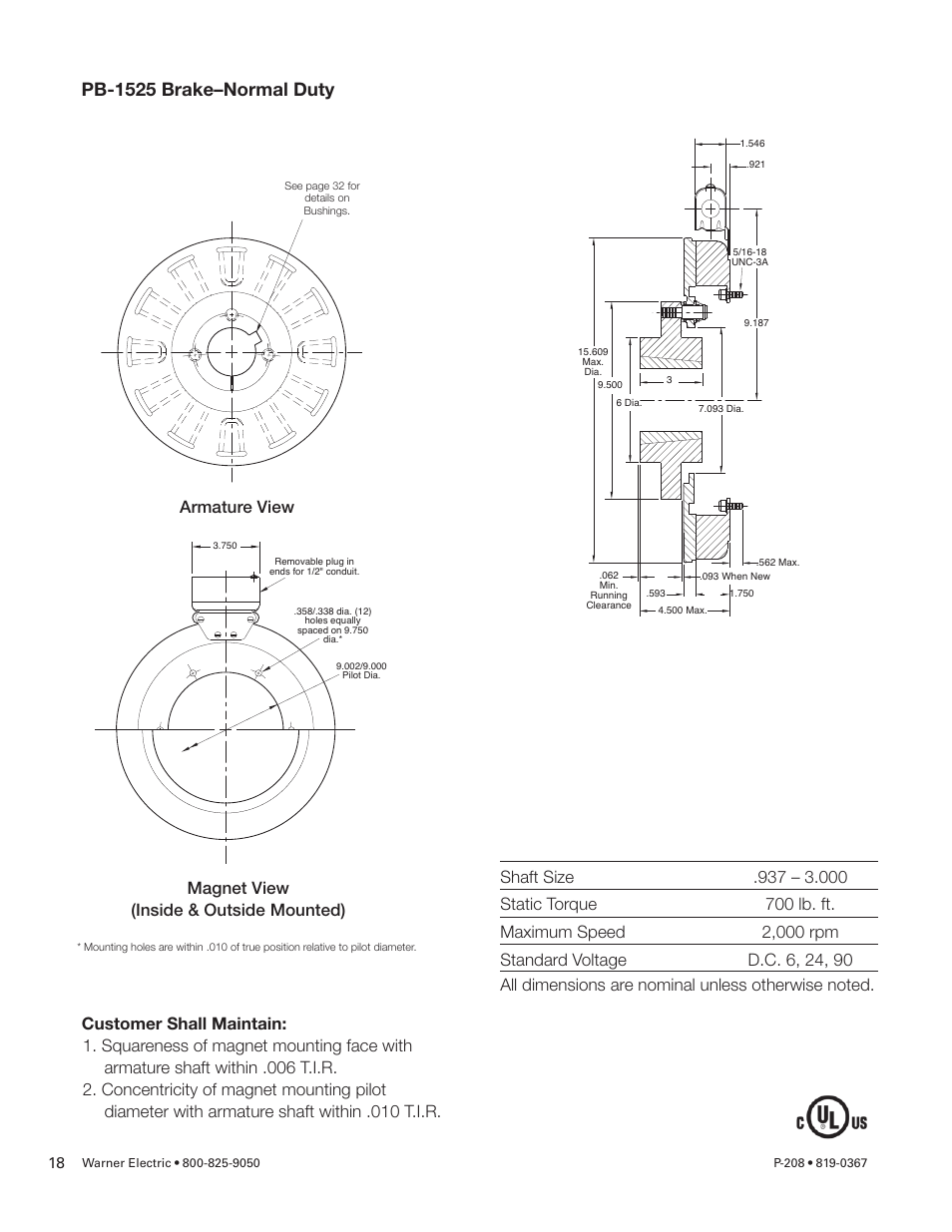 Pb-1525 brake–normal duty | Warner Electric Primary Brake Pin Drive Armature PB-825, PB-1000, PB-1225, PB-1525 Motor Brake and Spline Drive MB-825, MB-1000, MB-1225 Pin Drive User Manual | Page 18 / 34