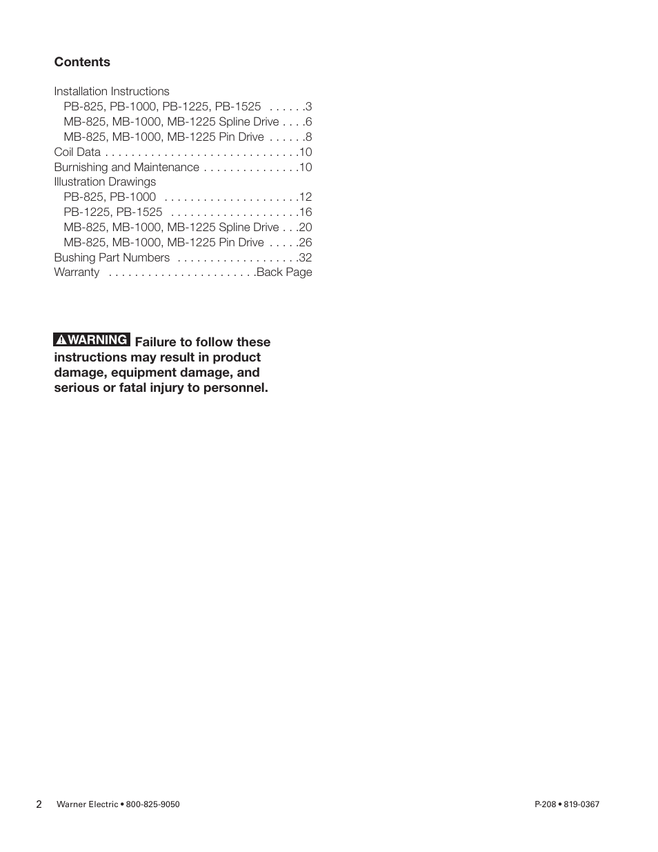 Warner Electric Primary Brake Pin Drive Armature PB-825, PB-1000, PB-1225, PB-1525 Motor Brake and Spline Drive MB-825, MB-1000, MB-1225 Pin Drive User Manual | Page 2 / 34