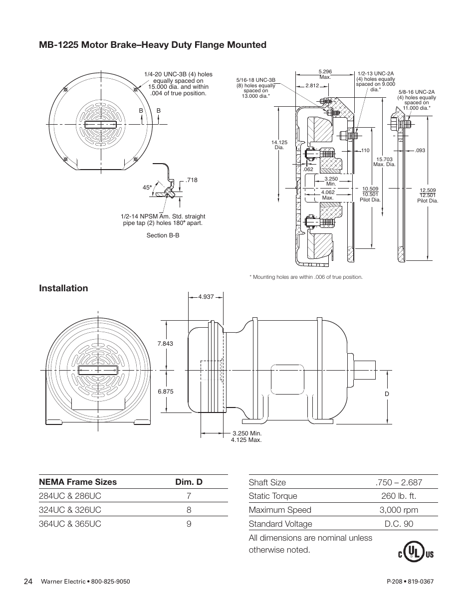 Mb-1225 motor brake–heavy duty flange mounted, Installation | Warner Electric Primary Brake Pin Drive Armature PB-825, PB-1000, PB-1225, PB-1525 Motor Brake and Spline Drive MB-825, MB-1000, MB-1225 Pin Drive User Manual | Page 24 / 34