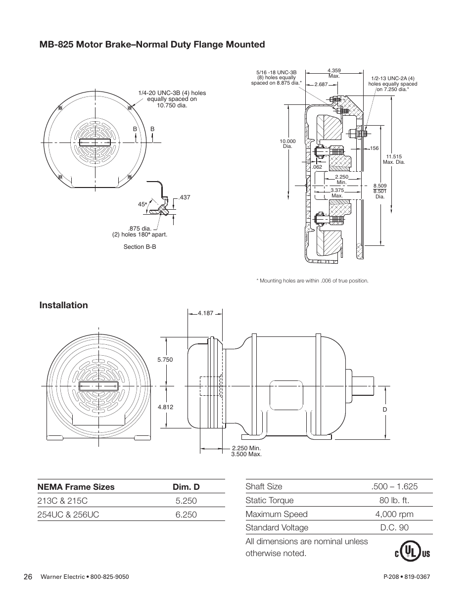 Mb-825 motor brake–normal duty flange mounted, Installation | Warner Electric Primary Brake Pin Drive Armature PB-825, PB-1000, PB-1225, PB-1525 Motor Brake and Spline Drive MB-825, MB-1000, MB-1225 Pin Drive User Manual | Page 26 / 34