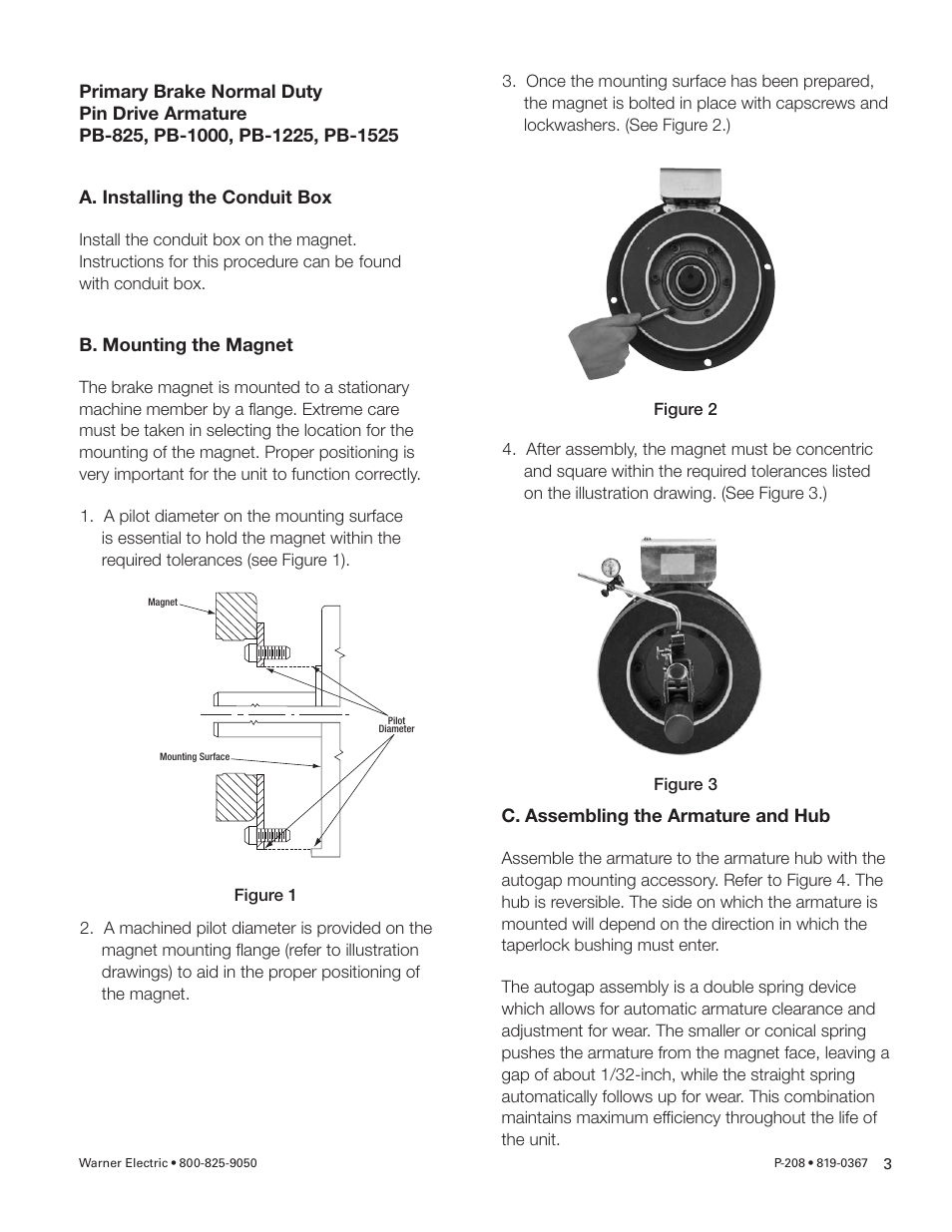 Warner Electric Primary Brake Pin Drive Armature PB-825, PB-1000, PB-1225, PB-1525 Motor Brake and Spline Drive MB-825, MB-1000, MB-1225 Pin Drive User Manual | Page 3 / 34