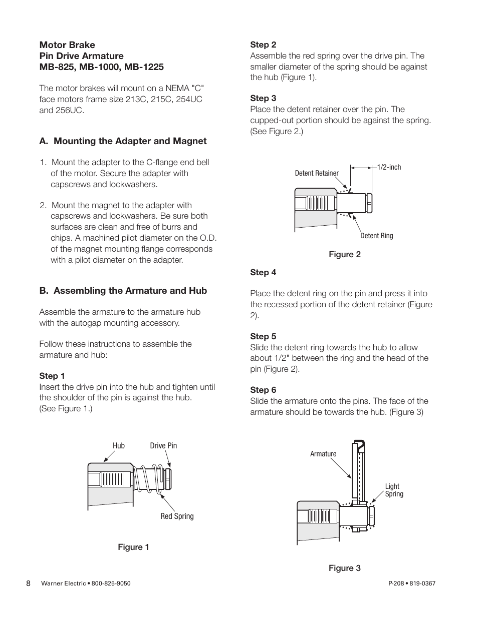 Warner Electric Primary Brake Pin Drive Armature PB-825, PB-1000, PB-1225, PB-1525 Motor Brake and Spline Drive MB-825, MB-1000, MB-1225 Pin Drive User Manual | Page 8 / 34