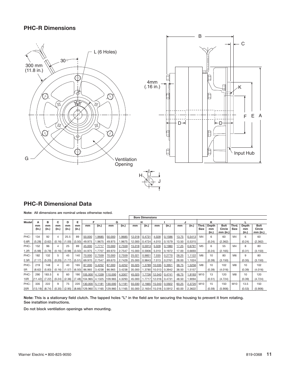 Phc-r dimensional data, Phc-r dimensions | Warner Electric PTB-BL3 User Manual | Page 11 / 18