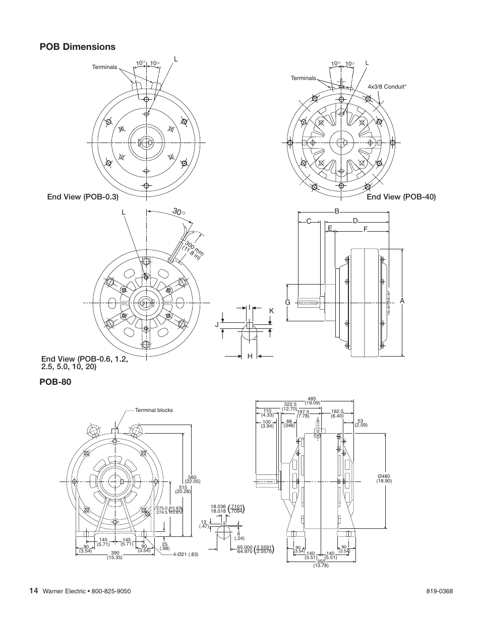 Pob dimensions, Pob-80, End view (pob-0.3) end view (pob-40) | Warner Electric PTB-BL3 User Manual | Page 14 / 18