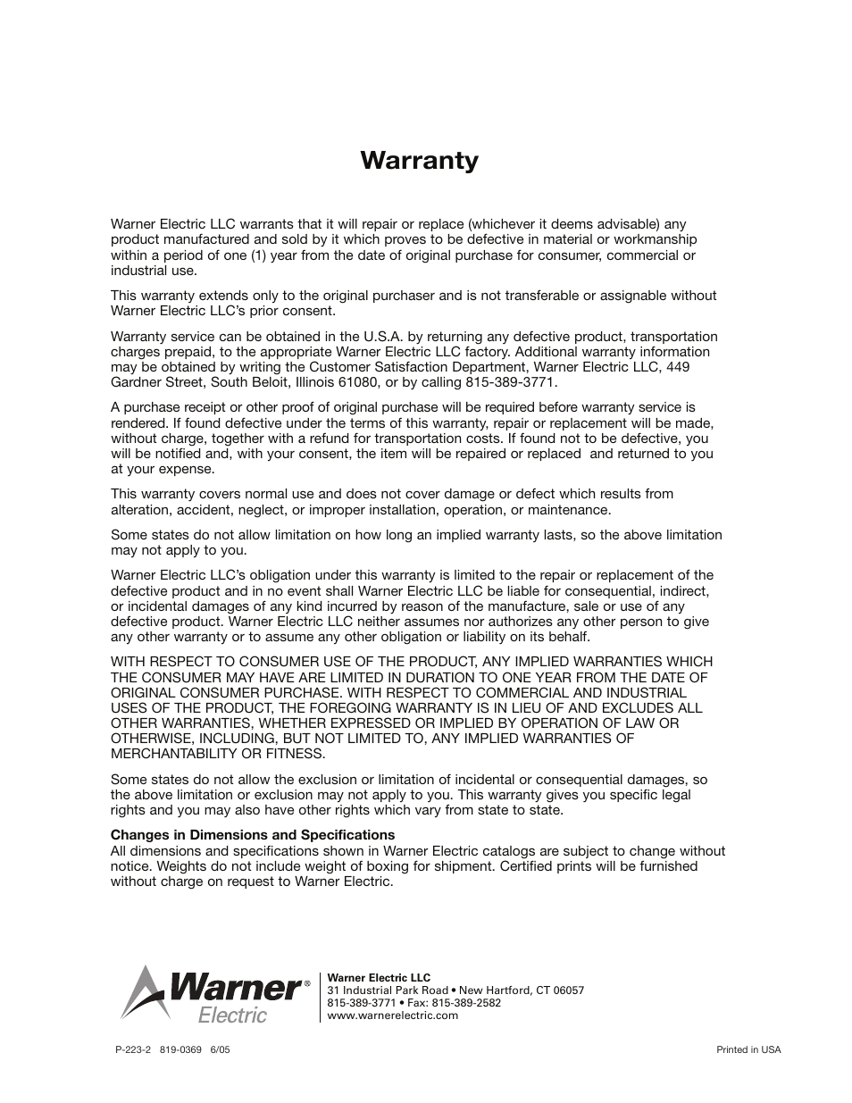 Warranty | Warner Electric PMC-10A3, PMC-20A3, and PMC-40A3 User Manual | Page 8 / 8