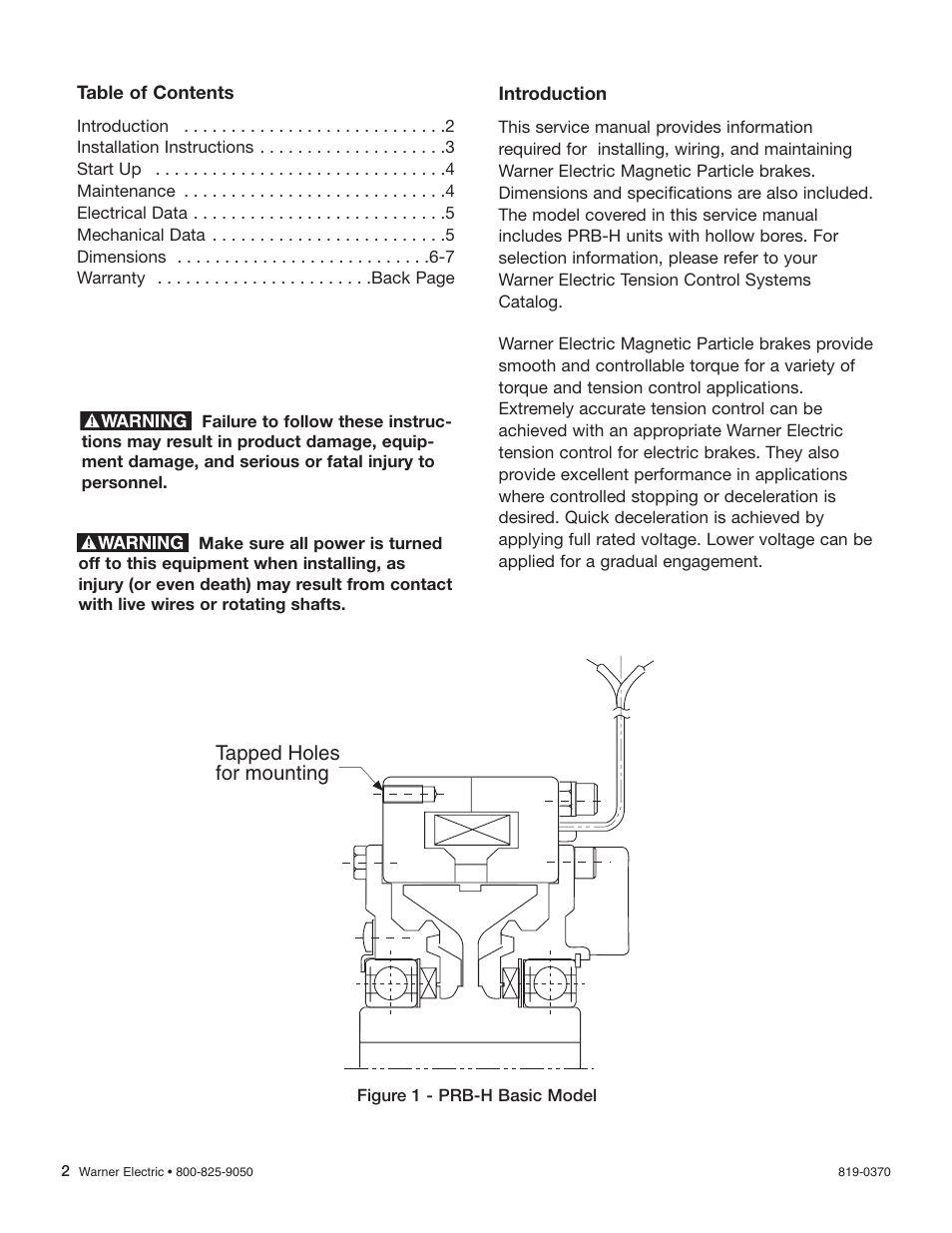 Tapped holes for mounting | Warner Electric PRB-H User Manual | Page 2 / 8