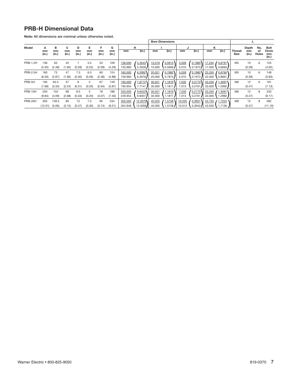 Prb-h dimensional data | Warner Electric PRB-H User Manual | Page 7 / 8