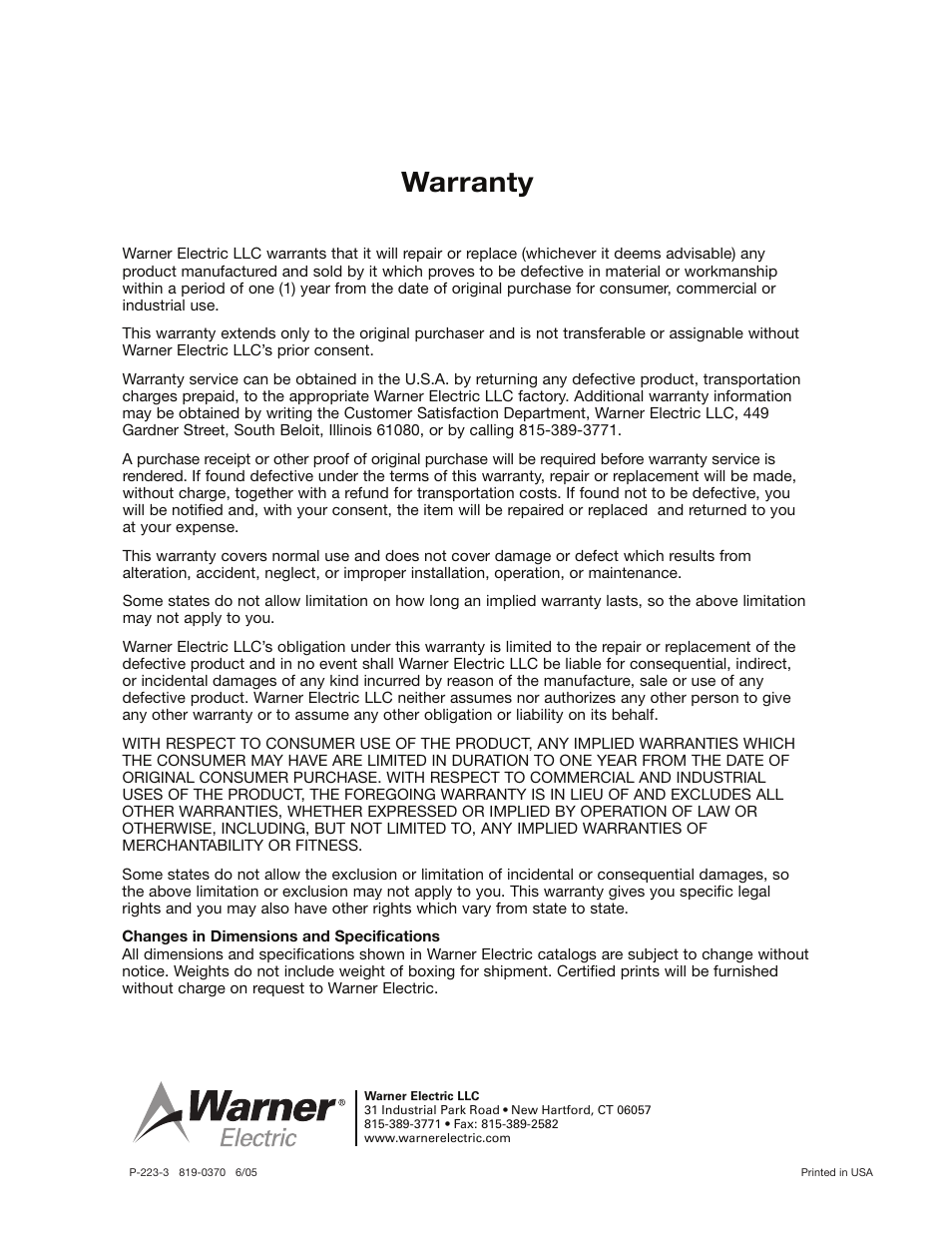 Warranty | Warner Electric PRB-H User Manual | Page 8 / 8