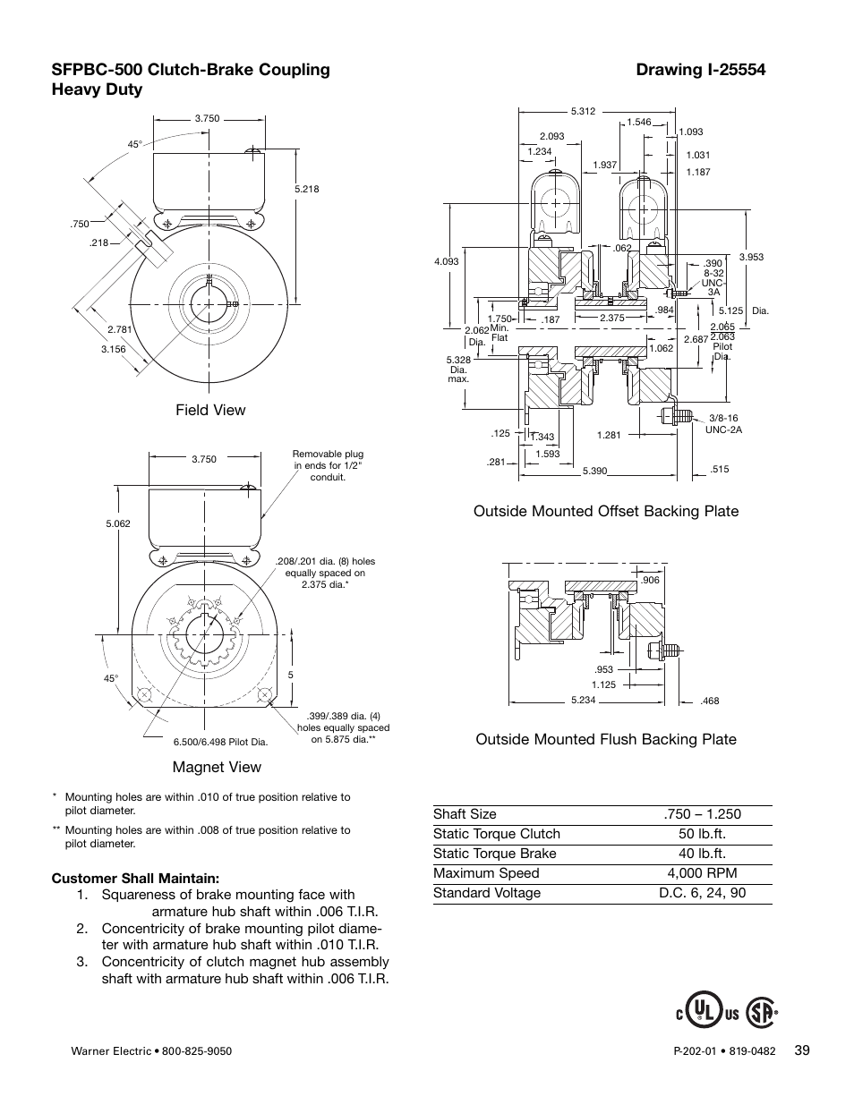 Outside mounted offset backing plate, Magnet view, Field view | Outside mounted flush backing plate | Warner Electric SFPBC-500, SFPBC-650 User Manual | Page 39 / 46