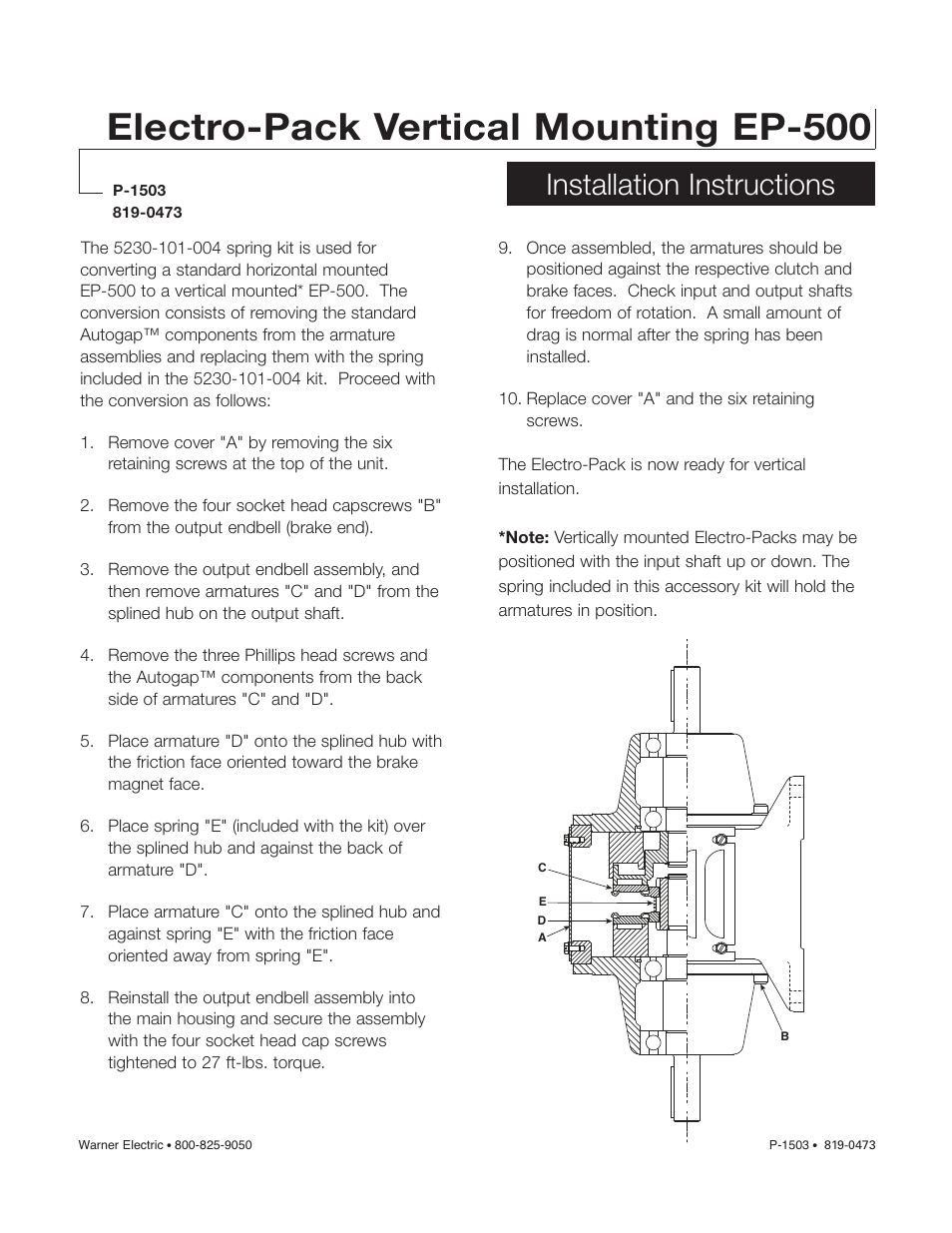 Warner Electric Electro-Pack EP-500 Vertical User Manual | 2 pages