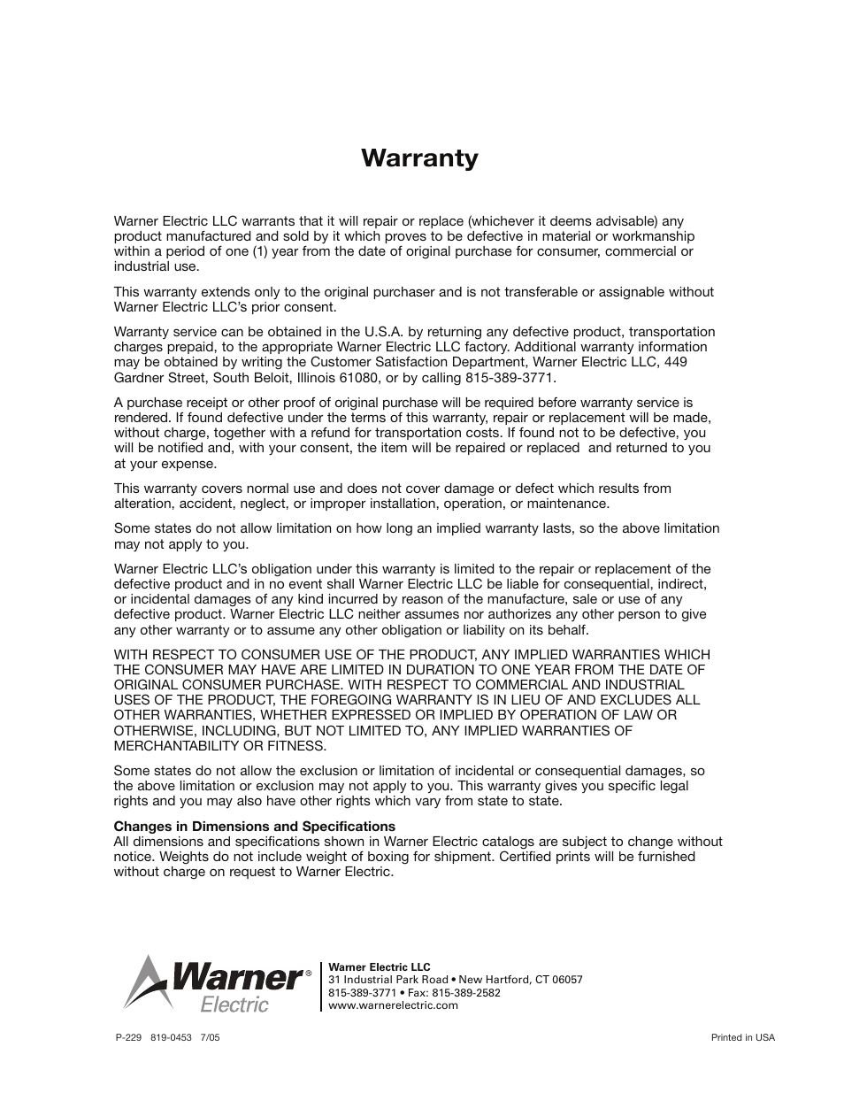 Warranty | Warner Electric ERD–Electrically Released Brakes User Manual | Page 8 / 8