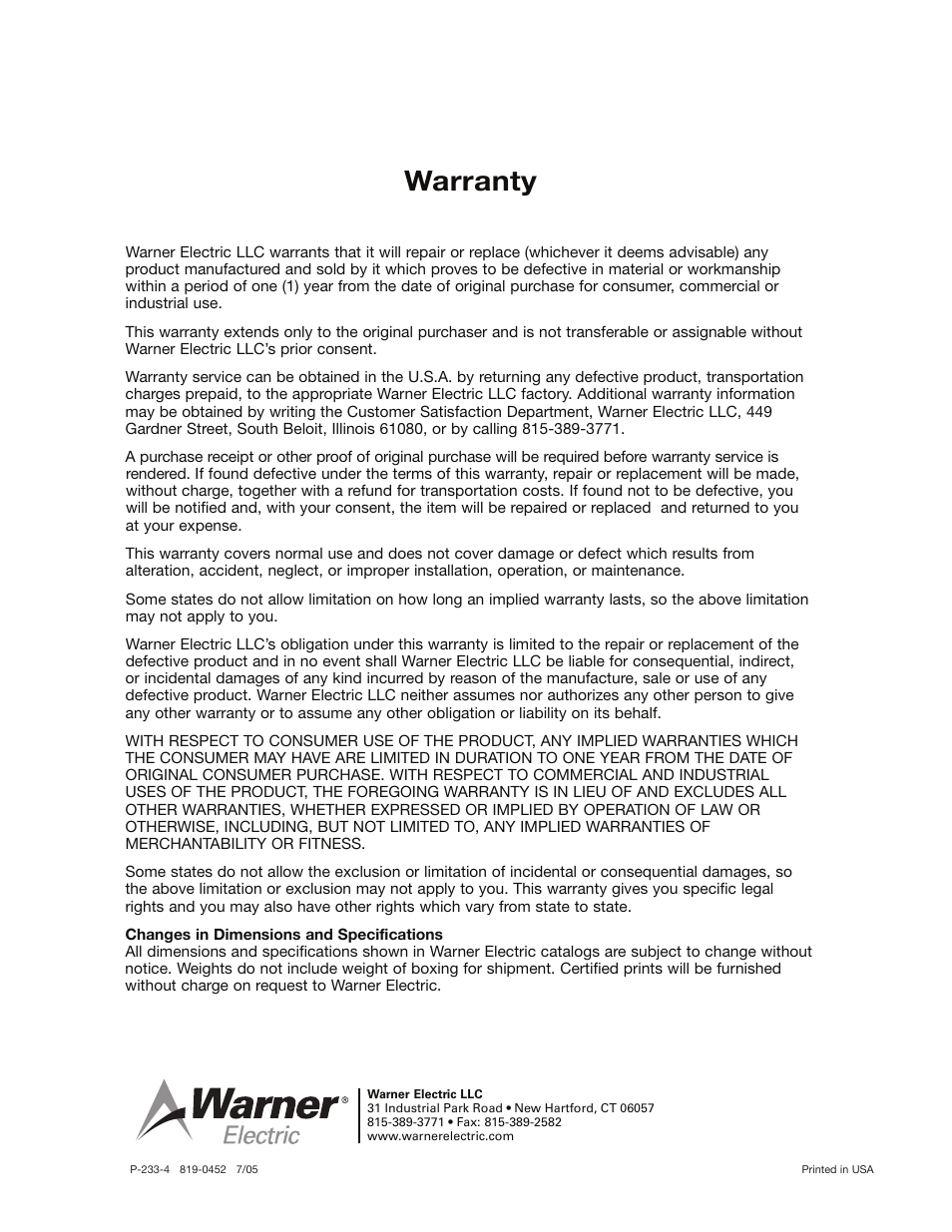 Warranty | Warner Electric POC, PHC-R, PMC-A3, POB, PRB and PTB-BL3 User Manual | Page 16 / 16