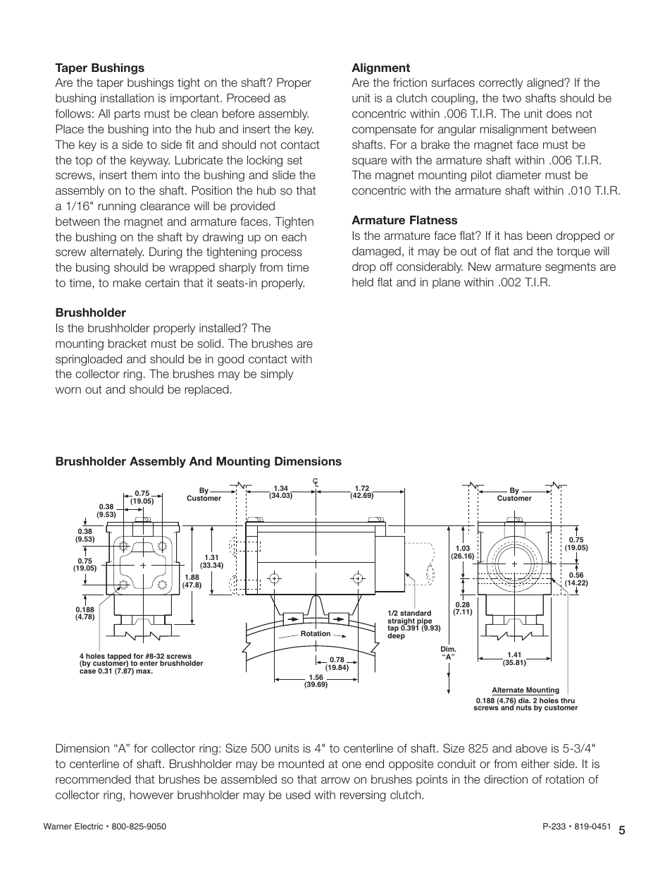 Brushholder assembly and mounting dimensions | Warner Electric General Trouble Shooting User Manual | Page 5 / 7