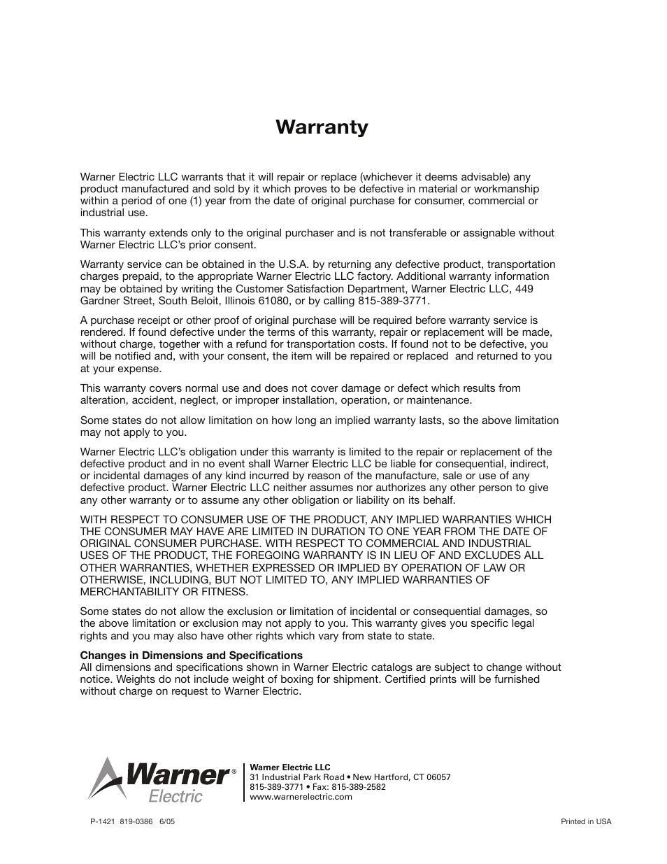 Warranty | Warner Electric Autogap for Automatic Adjustment of Armature Clearance User Manual | Page 2 / 2