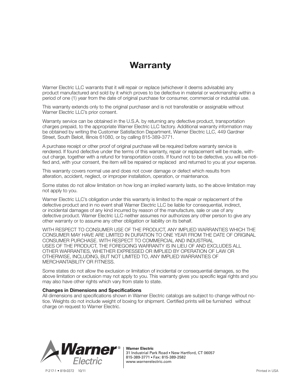 Warranty | Warner Electric AT Clutches User Manual | Page 10 / 10